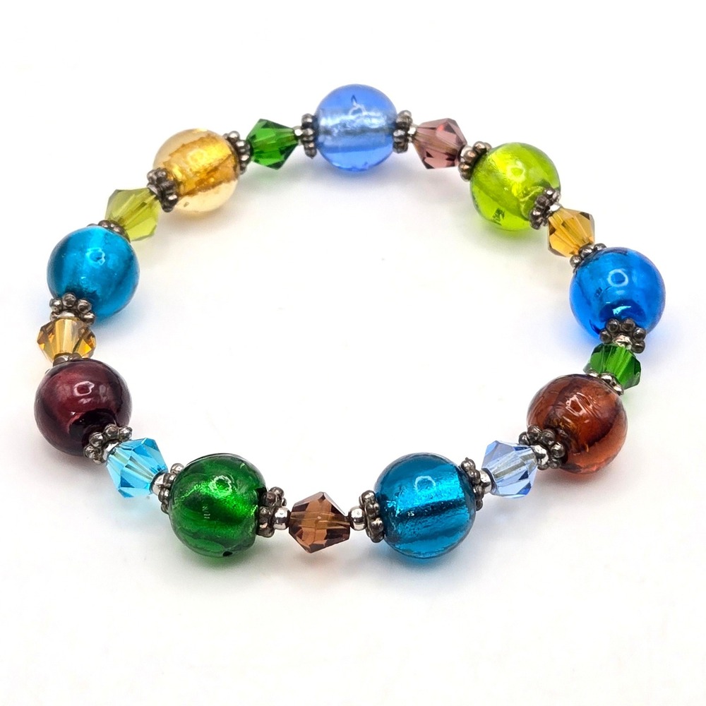 Multi Color Foil Glass and Crystal Stretch Bracelet‎ Silver Tone Spacers